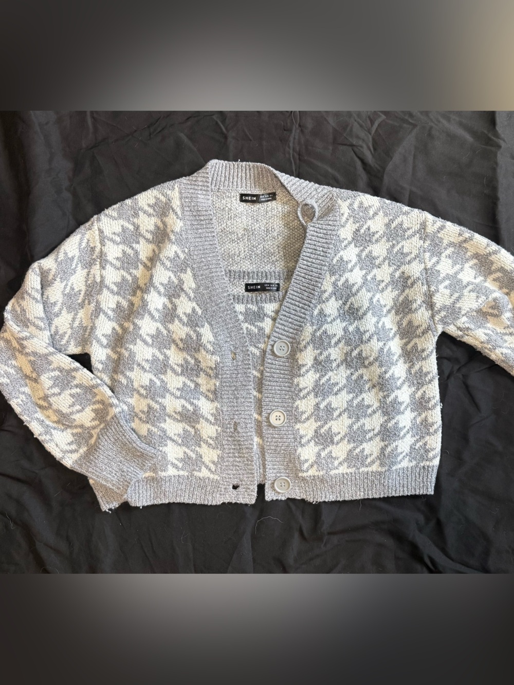 SHEIN Light Gray and Cream Houndstooth Button Cardigan